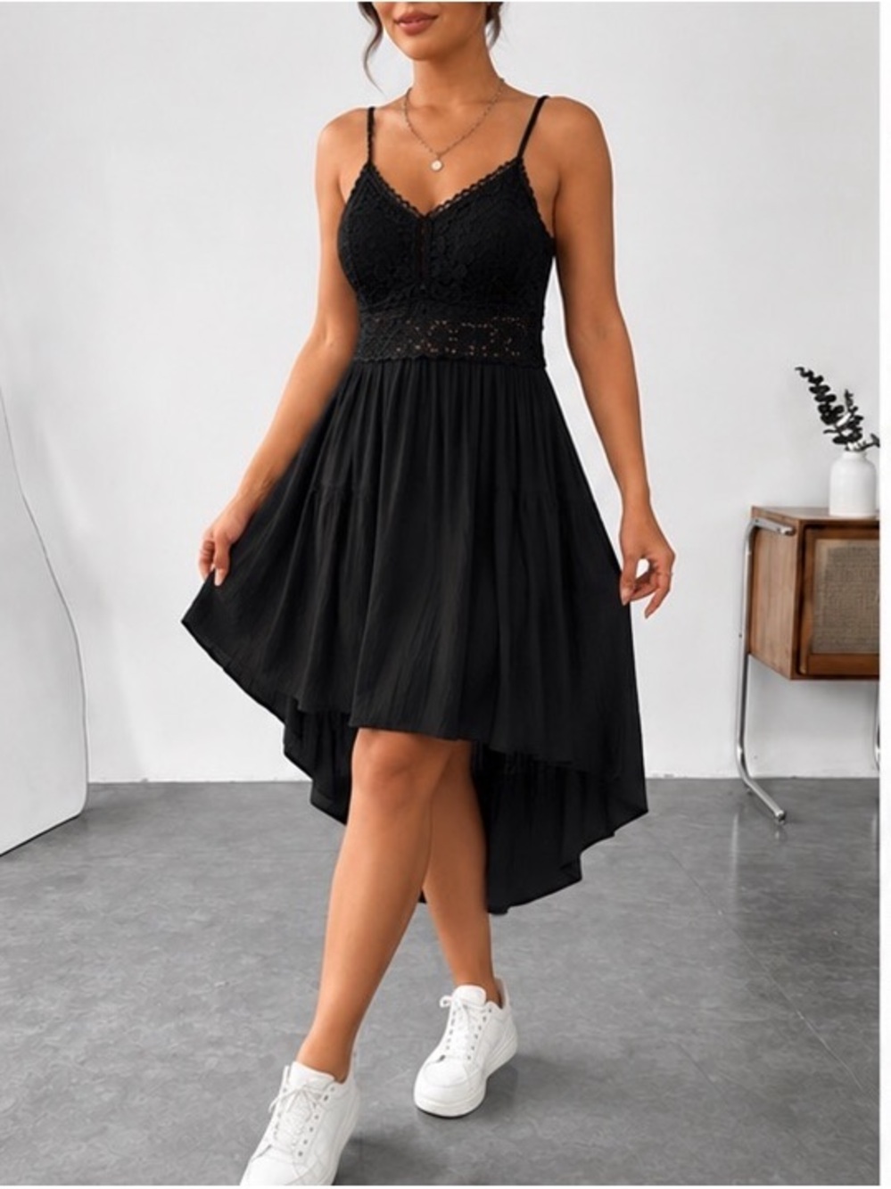 Lace Bodice High-Low Black Sundress